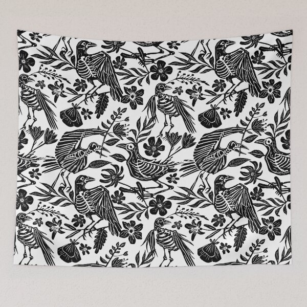 Item preview, Dark folk art linocut block print floral bird skeleton pattern designed and sold by RedFinchDesigns.