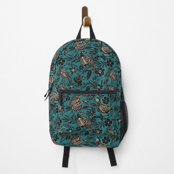 Item preview, Dark folk art linocut block print floral bird skeleton pattern in teal, black, and cream designed and sold by RedFinchDesigns.