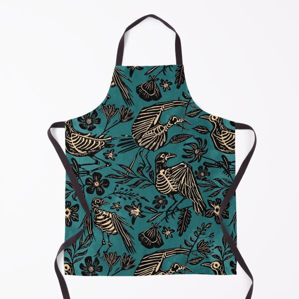 Item preview, Dark folk art linocut block print floral bird skeleton pattern in teal, black, and cream designed and sold by RedFinchDesigns.