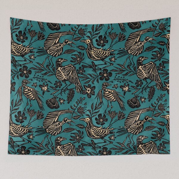 Item preview, Dark folk art linocut block print floral bird skeleton pattern in teal, black, and cream designed and sold by RedFinchDesigns.