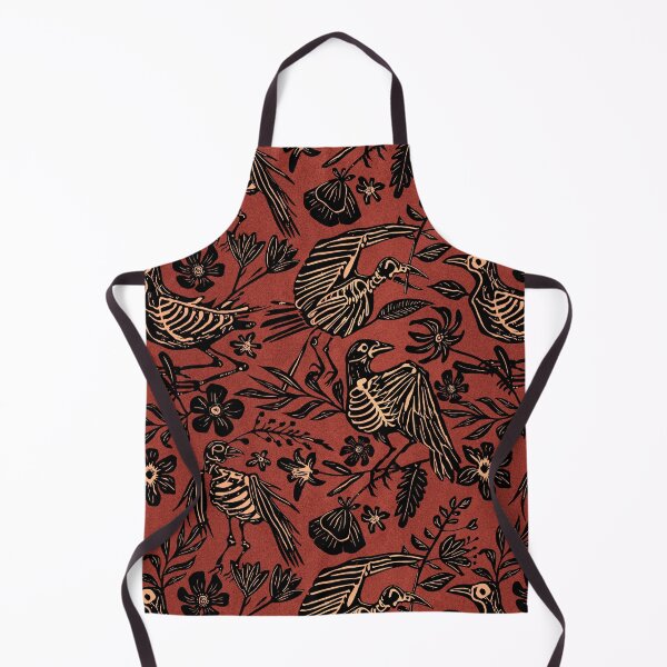 Item preview, Dark folk art linocut block print floral bird skeleton pattern in rust orange designed and sold by RedFinchDesigns.