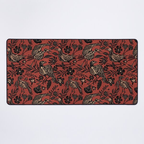 Item preview, Dark folk art linocut block print floral bird skeleton pattern in rust orange designed and sold by RedFinchDesigns.