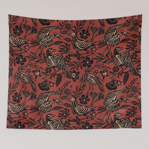 Item preview, Dark folk art linocut block print floral bird skeleton pattern in rust orange designed and sold by RedFinchDesigns.
