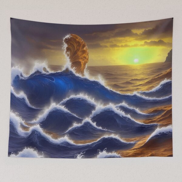 Item preview, Fantasy World Magical Ocean Waves Sunset Mushroom Blue Golden designed and sold by SassyArtistry.