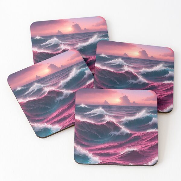 Item preview, Magical Ocean Waves Blue Red Vibrant Sea Sunset Pink Mountains in distance designed and sold by SassyArtistry.