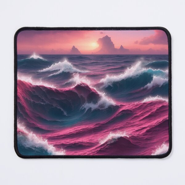 Item preview, Magical Ocean Waves Blue Red Vibrant Sea Sunset Pink Mountains in distance designed and sold by SassyArtistry.