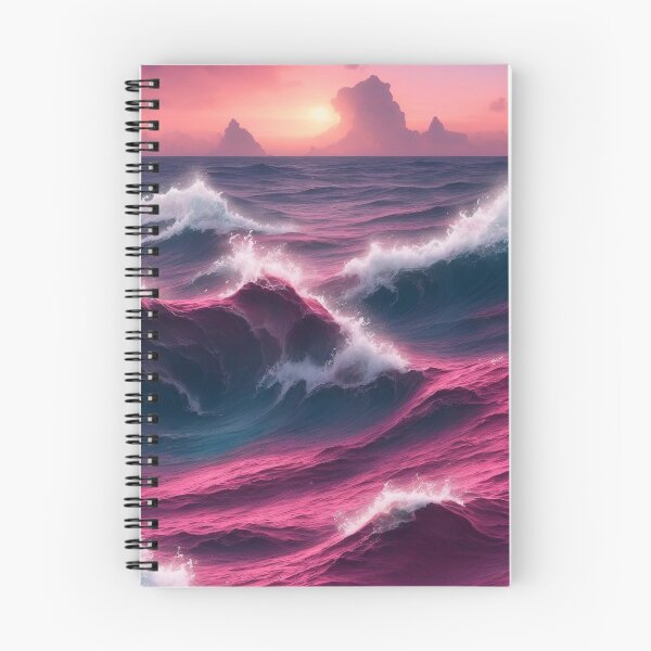 Item preview, Magical Ocean Waves Blue Red Vibrant Sea Sunset Pink Mountains in distance designed and sold by SassyArtistry.