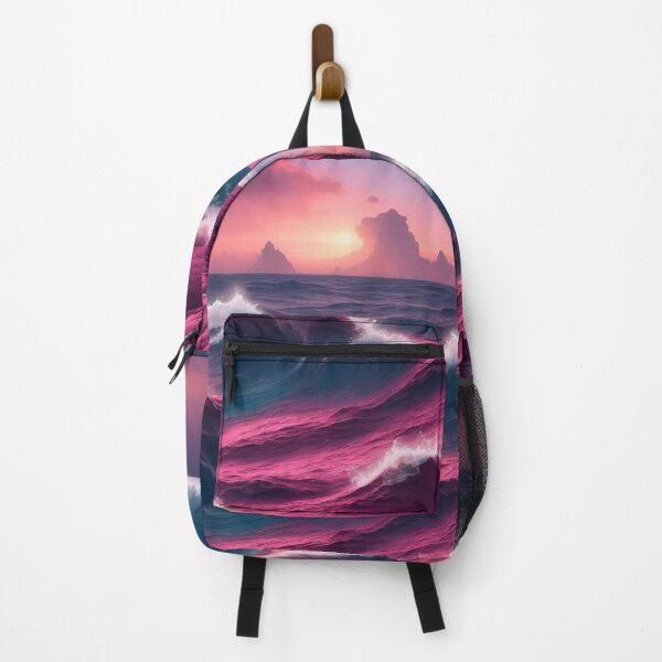Item preview, Magical Ocean Waves Blue Red Vibrant Sea Sunset Pink Mountains in distance designed and sold by SassyArtistry.