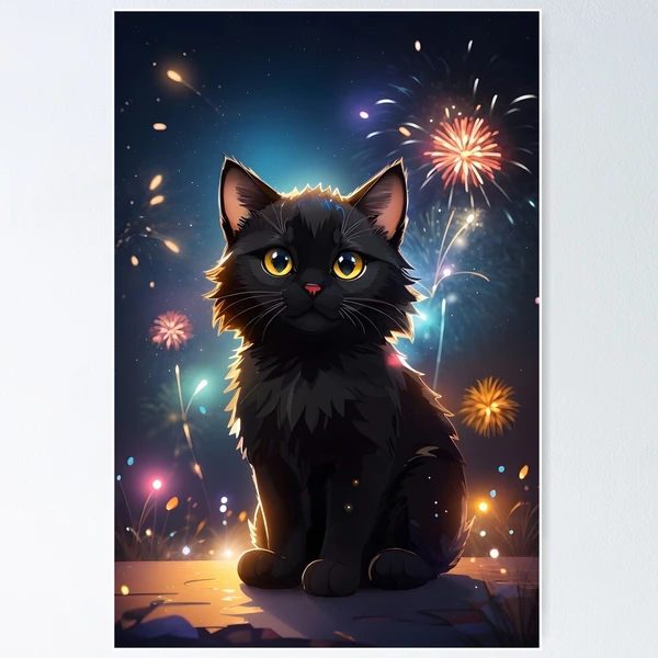 Black on sale Cat Fireworks Original Vintage Poster