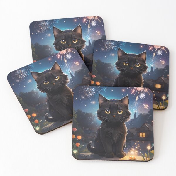 Item preview, Cute Black Cat with Fireworks designed and sold by JapKo.