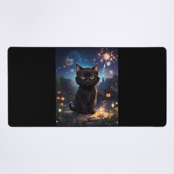 Aperçu de l'œuvre Chat noir mignon avec des feux d'artifice créée et vendue par JapKo.
