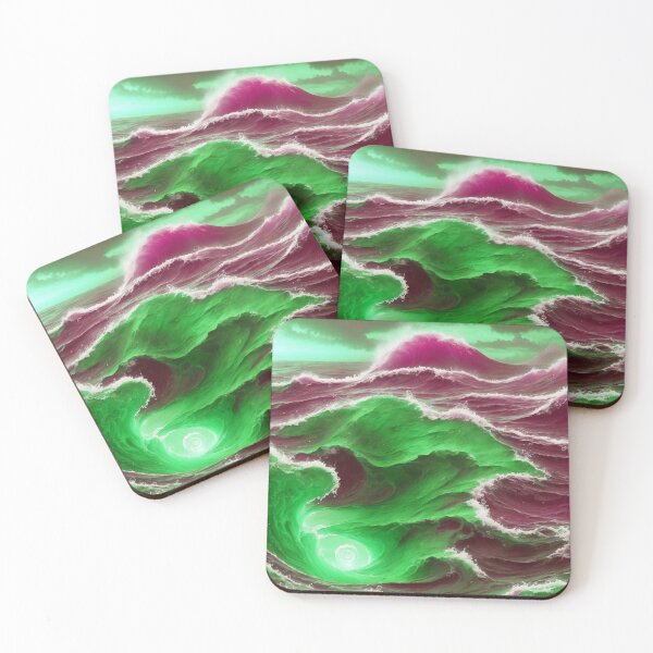 Item preview, Painting Watercolor Sea Magical Ocean Waves Abstract Pattern Pink Green Neon Sunset designed and sold by SassyArtistry.