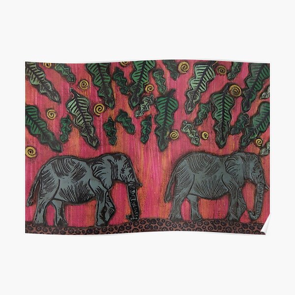 Elephants at Sunset Poster