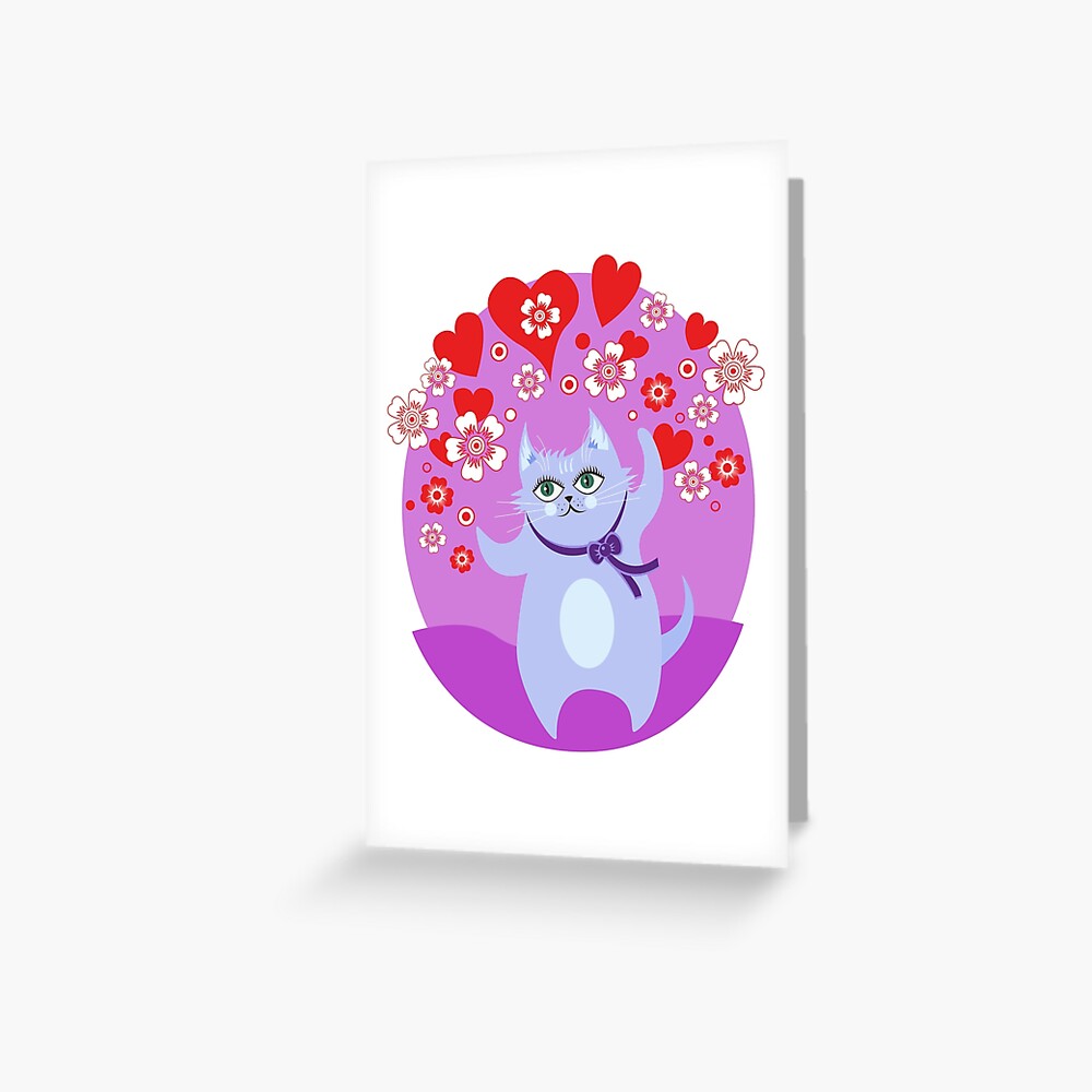 Blue Cat with Hearts and Flowers Greeting Card