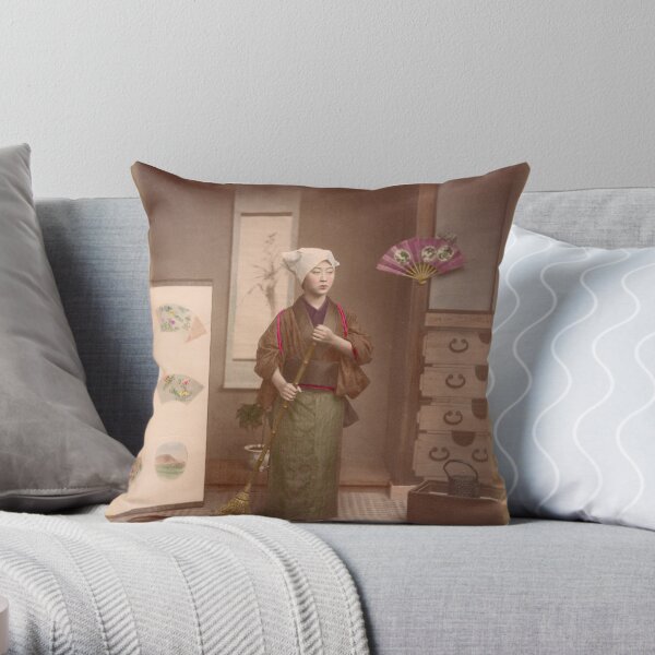 Japanese girl sweeping Throw Pillow