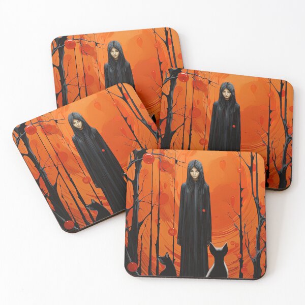 Item preview, Woman in black with foxes in dark forest designed and sold by Rob-Son.