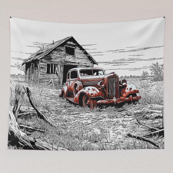 Item preview, Shack Vintage - Un-Captioned - Abandoned, Rusting, Vintage Car Outside Derelict Shack designed and sold by liminal-concept.