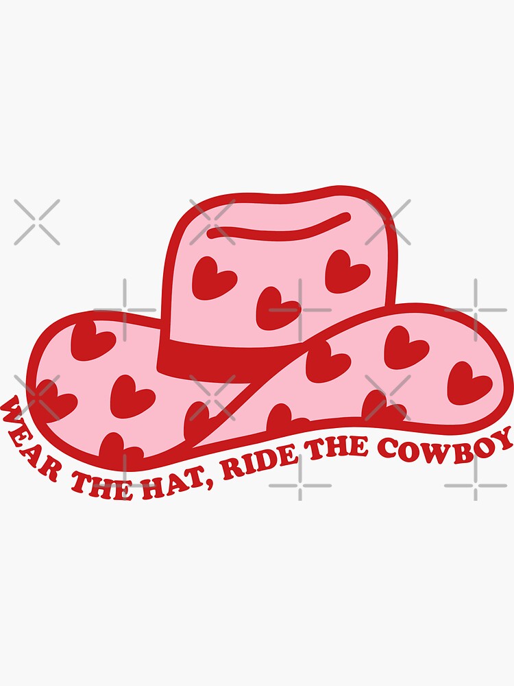 Thumbnail 3 of 3, Sticker, wear the hat, ride the cowboy | in my cowboy romance era - red and pink cowboy hat designed and sold by catdiasart.
