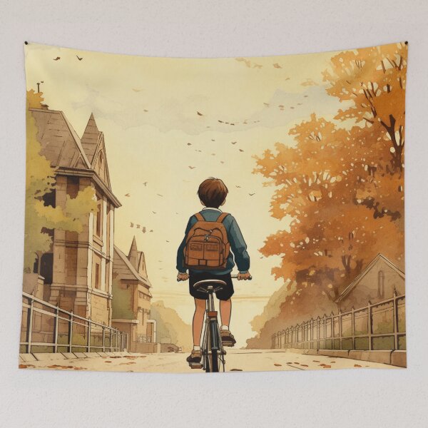 Item preview, A Boy Riding His Bike to School designed and sold by GoodOldVintage.