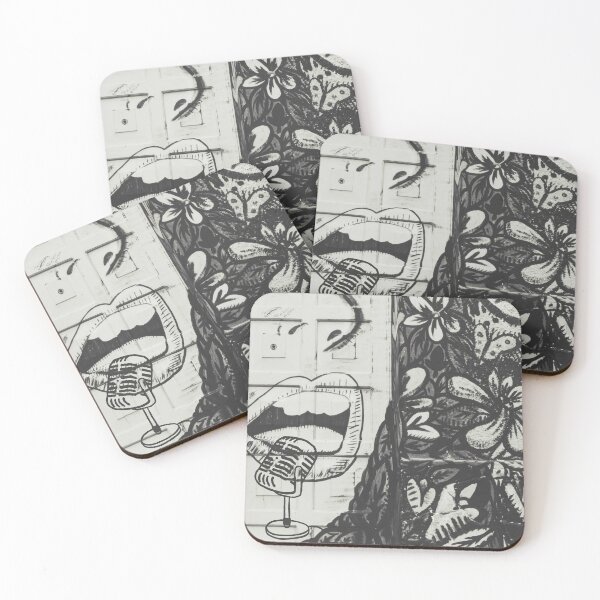 Aperçu de l'œuvre Lèvres chantant avec motif floral noir et blanc créée et vendue par TheOrderedBox.