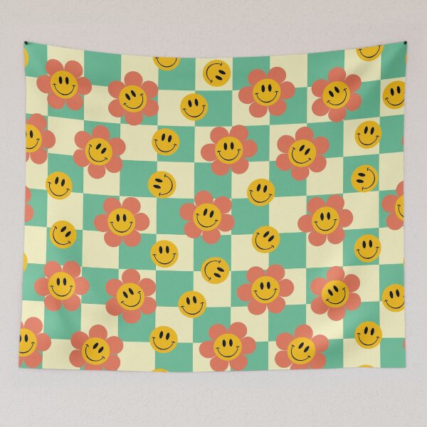 Item preview, Retro Checkerboard Pattern with Flowers, Blue designed and sold by BlossomNote.