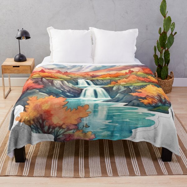 Item preview, Cree una pintura de acuarela de un sereno paisaje de montaña, con una cascada rodeada de un vibrante follaje otoñal. designed and sold by abmkf.