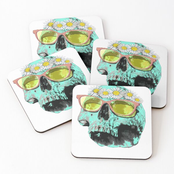 Item preview, Mint skull (side view) with daisy crown & pink glasses designed and sold by Whimsy Trail Co.