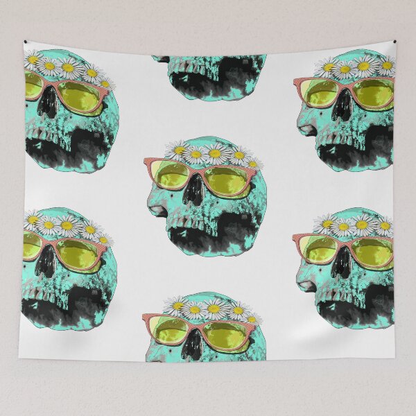 Item preview, Mint skull (side view) with daisy crown & pink glasses designed and sold by Whimsy Trail Co.