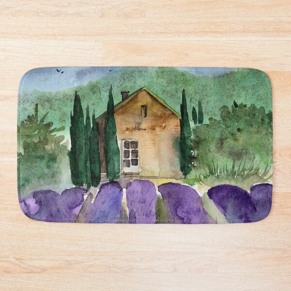 Item preview, Watercolor illustration of a Tuscan landscape of distant mountains and a purple lavender field  designed and sold by MaryWatercolor.