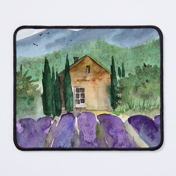 Item preview, Watercolor illustration of a Tuscan landscape of distant mountains and a purple lavender field  designed and sold by MaryWatercolor.