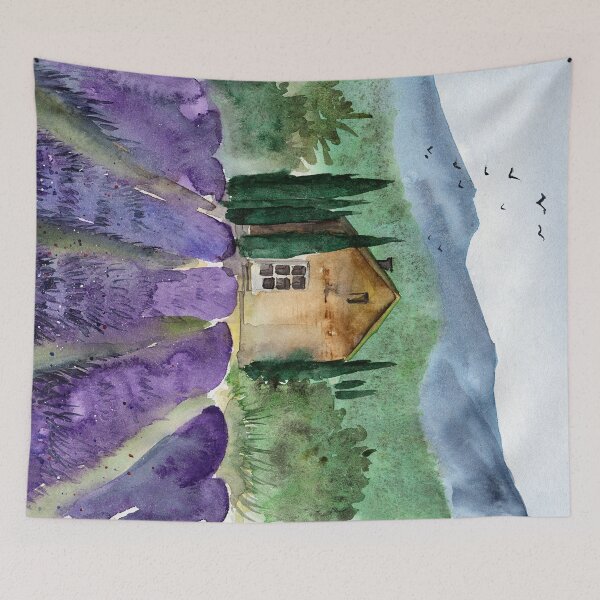 Item preview, Watercolor illustration of a Tuscan landscape of distant mountains and a purple lavender field  designed and sold by MaryWatercolor.