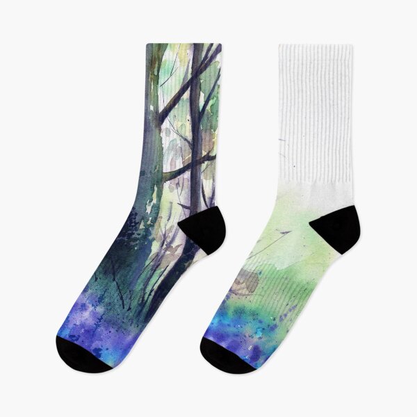 Item preview, Watercolor illustration of a green sunlit forest with tall trees and a blue meadow designed and sold by MaryWatercolor.