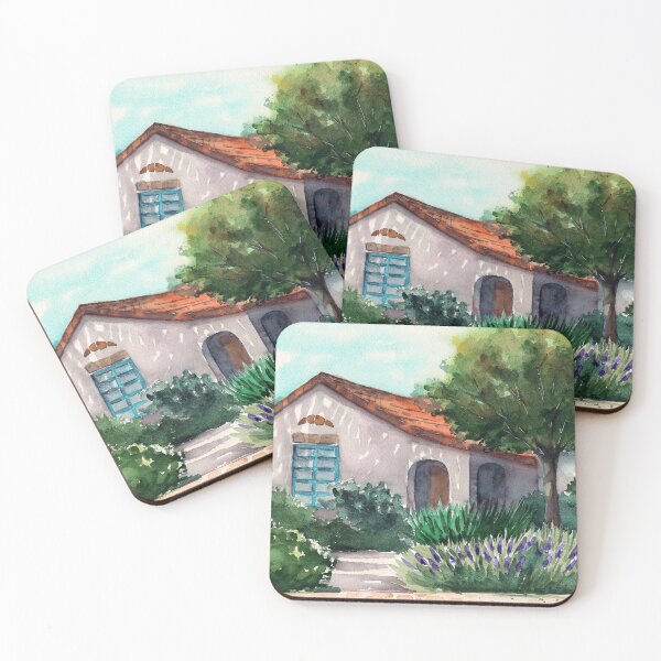Item preview, Watercolor illustration of a sunlit sicilian villa in the shade of trees designed and sold by MaryWatercolor.