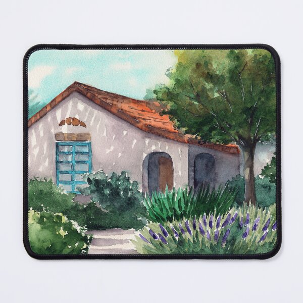 Item preview, Watercolor illustration of a sunlit sicilian villa in the shade of trees designed and sold by MaryWatercolor.