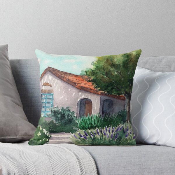 Item preview, Watercolor illustration of a sunlit sicilian villa in the shade of trees designed and sold by MaryWatercolor.