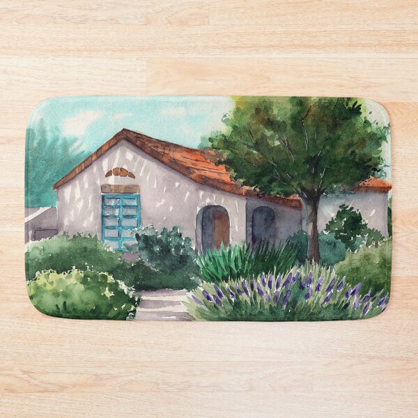 Item preview, Watercolor illustration of a sunlit sicilian villa in the shade of trees designed and sold by MaryWatercolor.