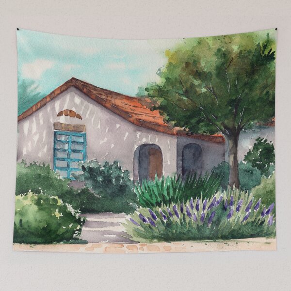 Item preview, Watercolor illustration of a sunlit sicilian villa in the shade of trees designed and sold by MaryWatercolor.