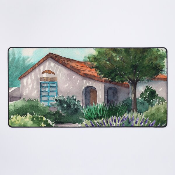 Item preview, Watercolor illustration of a sunlit sicilian villa in the shade of trees designed and sold by MaryWatercolor.