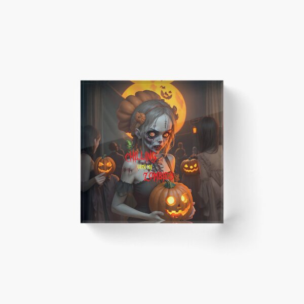 Item preview, Female Zombie holding Pumpkin, Chilling with my Zombies Meme designed and sold by ZanyPaintbrush.