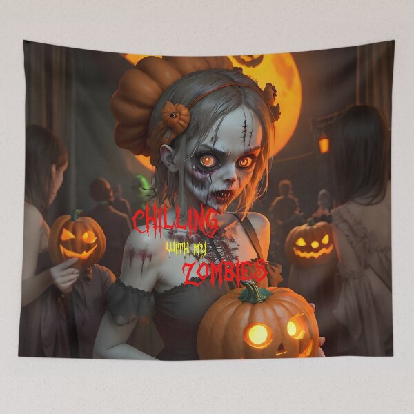 Item preview, Female Zombie holding Pumpkin, Chilling with my Zombies Meme designed and sold by ZanyPaintbrush.