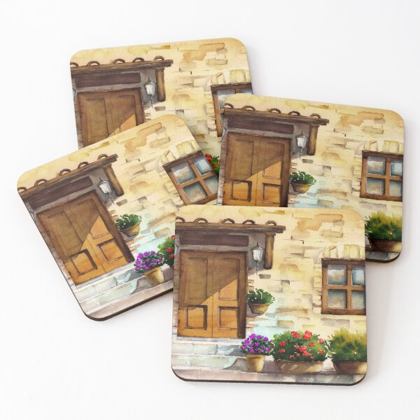 Item preview, Watercolor illustration of the facade of an old European brick house with a porch with a tiled awning designed and sold by MaryWatercolor.
