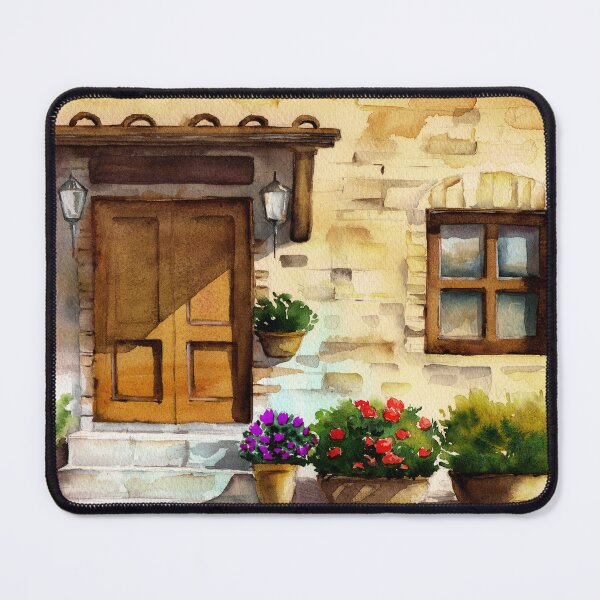 Item preview, Watercolor illustration of the facade of an old European brick house with a porch with a tiled awning designed and sold by MaryWatercolor.