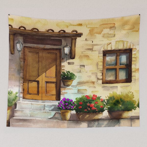 Item preview, Watercolor illustration of the facade of an old European brick house with a porch with a tiled awning designed and sold by MaryWatercolor.