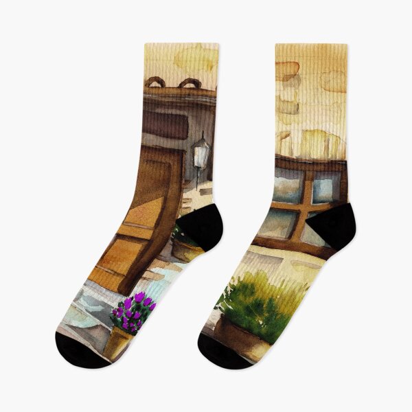 Item preview, Watercolor illustration of the facade of an old European brick house with a porch with a tiled awning designed and sold by MaryWatercolor.