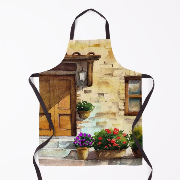 Item preview, Watercolor illustration of the facade of an old European brick house with a porch with a tiled awning designed and sold by MaryWatercolor.