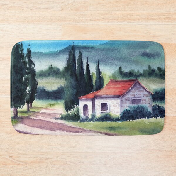 Item preview, Watercolor illustration of a small house surrounded by cypress trees  designed and sold by MaryWatercolor.