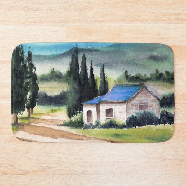 Item preview, Watercolor illustration of a village house surrounded by cypress trees  designed and sold by MaryWatercolor.