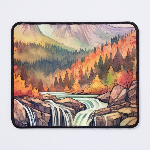 Artikelvorschau, Erstellen Sie ein Aquarellgemälde einer ruhigen Berglandschaft mit einem Wasserfall, umgeben von leuchtendem Herbstlaub. entworfen und verkauft von abmkf.