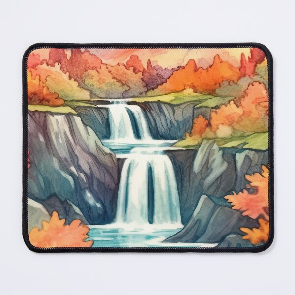 Artikelvorschau, Erstellen Sie ein Aquarellgemälde einer ruhigen Berglandschaft mit einem Wasserfall, umgeben von leuchtendem Herbstlaub. entworfen und verkauft von abmkf.