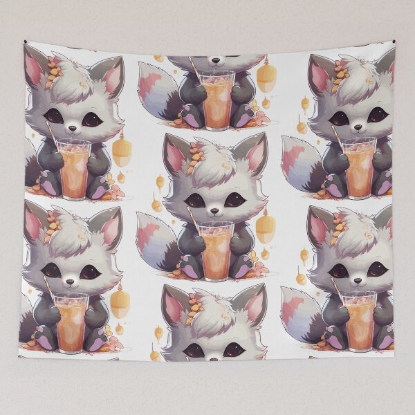 Item preview, Kawaii Cute Silver Fox Drinking Bubble Tea designed and sold by LOT7Clothing.